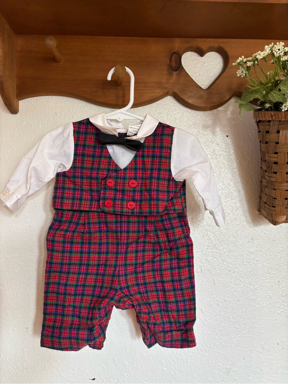 Vintage baby Plaid Romper with Bow Tie - Red & Green